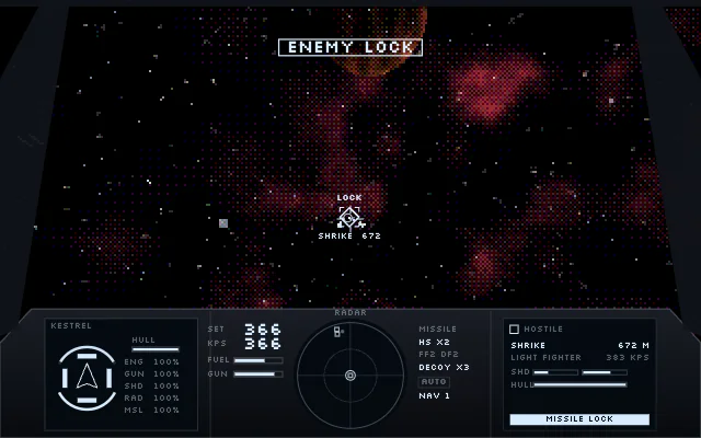 Starlance 1991: a pixelated cockpit view with a dithered red nebula and a locked Shrike